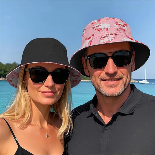 Amasnay Funny Bucket Hat Cotton Double-Side-Wear Reversible Sun Hat for Women Men, Summer Vacation Travel Beach Fisherman Hat - color: Cool Pink Sunglasses Pig