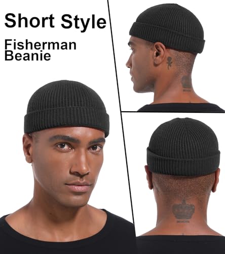 Wool Cuffed Beanie for Men Unisex Knit Watch Cap Thin Fisherman Beanies - color: Black