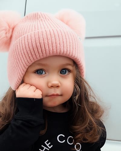 FURTALK Baby Winter Hat Pom Pom Beanie with Fleece Lined Toddler Warm Cap - color: White+pink, size: 6-24 Months