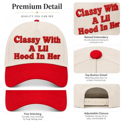 Embroidered Trucker hat for Women Men Baseball Hat Adjustable Unisex Cotton for Soccer Supporters - color: Classy With a Lil Hood in Her Red