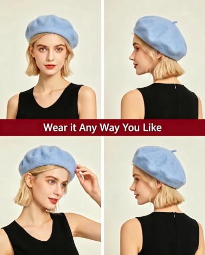 Wool French Beret Hats for Women Classic Winter Beanie Cap - color: Sky Blue