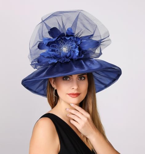 SAFERIN Women's Organza Church Fascinator Bridal Tea Party Wedding Hat - color: Gz-navy
