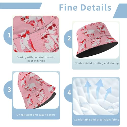 Amasnay Funny Bucket Hat Cotton Double-Side-Wear Reversible Sun Hat for Women Men, Summer Vacation Travel Beach Fisherman Hat - color: Cool Pink Sunglasses Pig