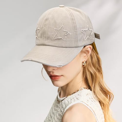 Retro Washed Distressed Baseball Cap with Five Pointed Stars for Women Men - color: Beige