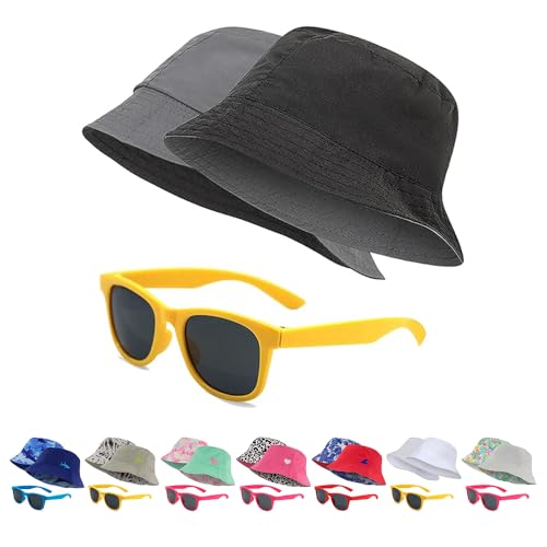 Kids Bucket Hat for Girls & Boys, Packable Fun & Cool Reversible Beach Sun Teen Toddler Bucket Hat with Sunglasses - color: Black / Charcoal Grey, size: 7-14 Years