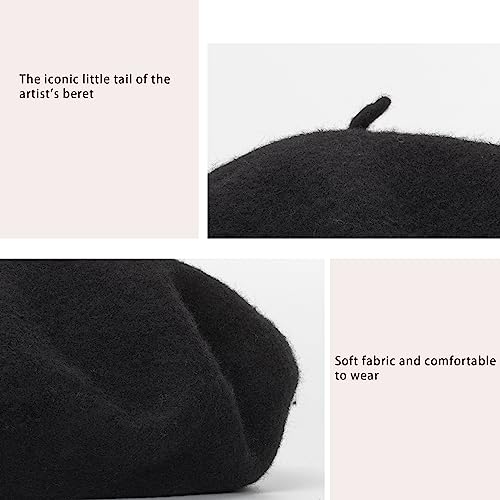 Women Wool Beret Hat, Classic French Artist Hat, Winter Warm Hat for Ladies - color: Black