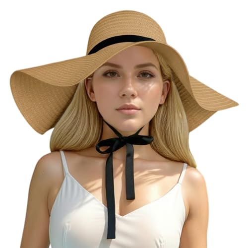 Oversized Beach Straw Hats for Women Floppy, Extra Large Sun Visor Hat Wide Brim Summer Roll Up Big Beach Hat Women Foldable - color: Diameter 50cm Khaki-1