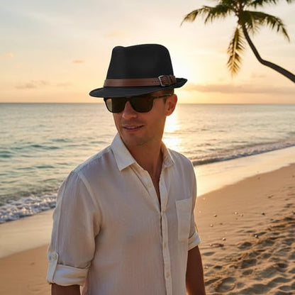 Straw Fedora Hat for Men Panama Hat Short Brim Summer Sun Hat - color: A-black