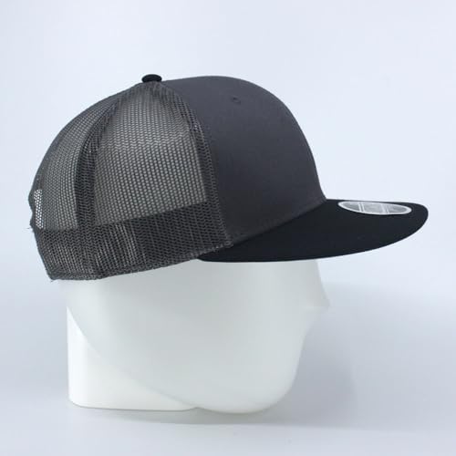 Plain Cotton Twill Flat Brim Mesh Adjustable Snapback Trucker Baseball Cap - color: Black/Charcoal/Charcoal