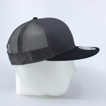 Plain Cotton Twill Flat Brim Mesh Adjustable Snapback Trucker Baseball Cap - color: Black/Charcoal/Charcoal