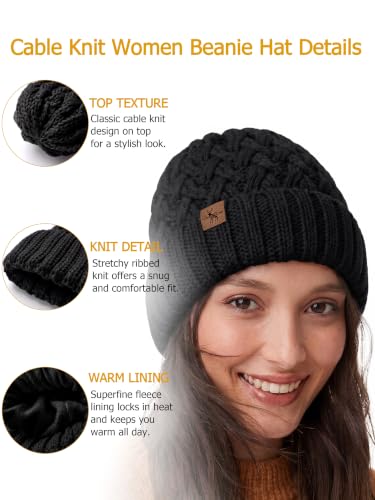 Winter Hats for Women Cable Knit Chunky Skull Cap Fleece Lined Thick Fold Cuff Beanie hat - color: Black, style: Pineapple