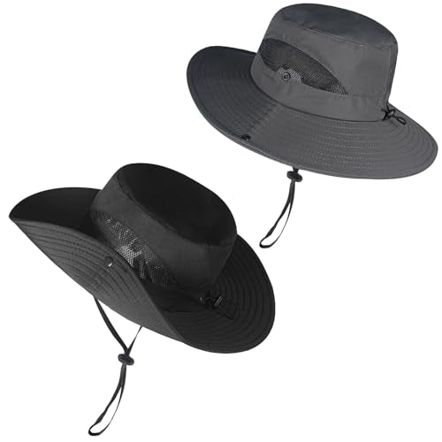 ZOORON Sun Hats for Men Women, Wide Brim Safari Hats UV Protection UPF50+ Waterproof Boonie Hats for Fishing Hiking Camping - color: 2pack-black+dark Gray