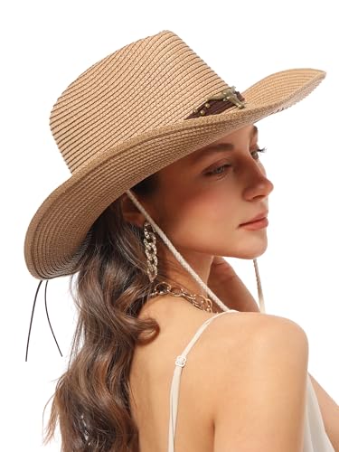 Straw Cowboy Sun Hat Western Cowgirl Women Men with Windproof Chin Strap - color: 카키