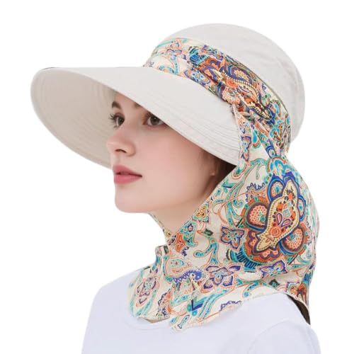 Women Wide Brim Sun Hat Multifunctional Beach Hat Foldable Sun Visor with Removable Neck Flap Bowknot - color: Beige