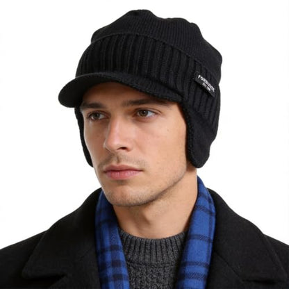 Ruphedy Mens Beanie with Brim Winter Hat Knitted Thick Fleece Visor Beanie - color: B323-black