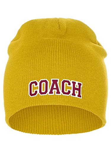 I&W Sports Team Coach Arch Letters Winter Knit Cuffless Beanie 3D Raised Layers - color: Gold Beanie White Red