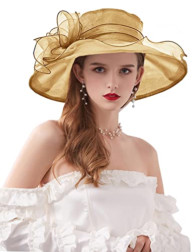 Women's Kentucky Derby Church Dress Hat Wide Brim Leaf Flower Bridal Shower Hat - color: H5 Gold