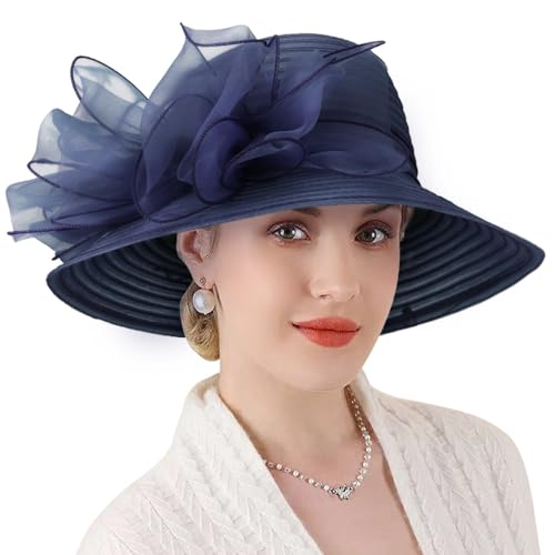 DRESHOW Lady Derby Dress Church Bowler Cloche Hat Bowknot Organza Bridal Cap for Wedding - color: 1 Pack: Navy