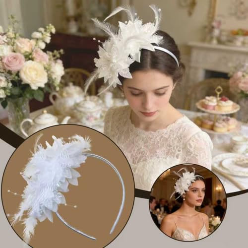 Fascinators for Women Ribbon Feather Tea Party Headwear - color: White
