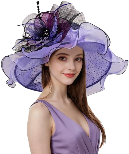 Organza Church Derby Hats for Women Wedding Tea Party Fascinator Floral Wide Brim Sun Hat - color: Style07 Purple Black