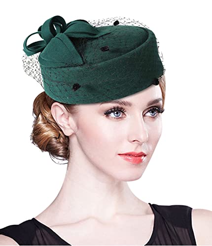 Z&X British Vintage Wool Felt Pillbox Hat Ladies Church Derby Winter Fascinator Hat Veil Flower Fedoras - color: A- Green