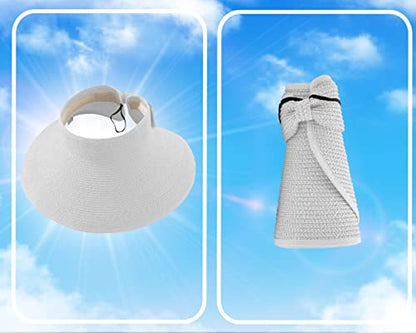 Straw Sun Visor for Women, Wide Brim UPF 50+ Protection Beach Hat, Adjustable, Roll Up Foldable Ponytail Cap with Chin Strap - color: White