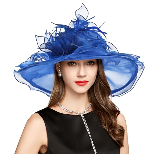 2026 Derby Hat, Classy Sun Hats for Women Ladies, Organza Feather Kentucky Fascinator for Tea Party Church UV Protection - color: S10-3700-royal Blue