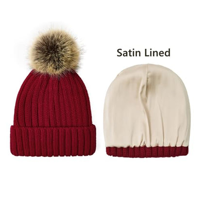 Satin Lined Beanie for Women with Detachable Pom Pom, Winter Cuffed Hat - color: Wine Red