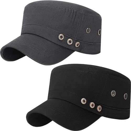 Cadet Army Hat 2 Pieces Flat Top Cap Unisex Military Hat for Women Men - color: Black C + Grey C
