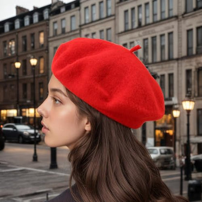 French Beret Hats for Women - Classic Wool Beret Hats Soft Knit Winter Cloche for Daily Outfits - color: Red