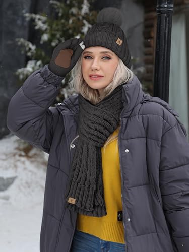 Winter Hat Scarf Gloves Set, Fleece Lined Cable Knit Pompom Hat Women Gift - color: Dark Gray