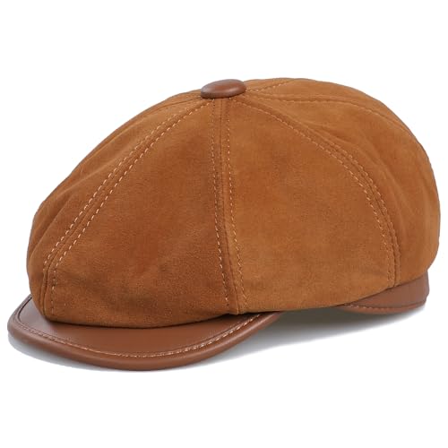 Genuine Leather Newsboy Caps for Men, Real Suede Irish Cabbie Driving Ivy Flat Hat - color: Suede Tan, size: 7