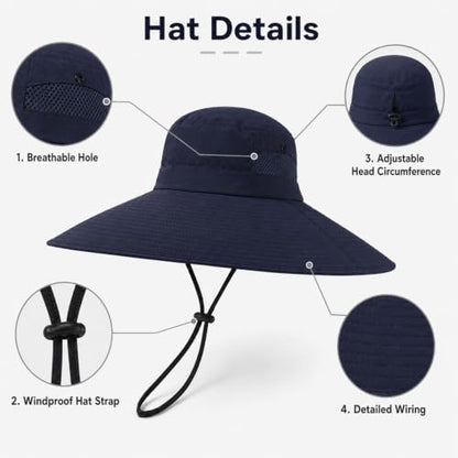 Wide Brim Sun Hat for Men Women UV Protection Bucket Fishing Hats - color: Navy Solid