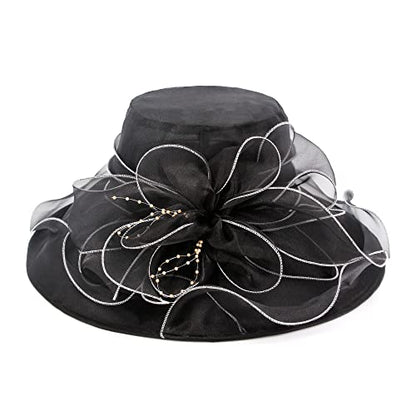 Haoohu Women's Church Derby Hat Wide Brim Bow Bucket Hat Wedding Dress Hat Fascinator Bridal Tea Party Hat - color: F-black