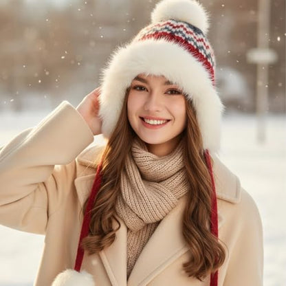 Women Winter Sherpa Beanie Hats Knit Ear Flap Hat Fleece Lined - color: Patterned Wine Red