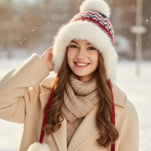 Women Winter Sherpa Beanie Hats Knit Ear Flap Hat Fleece Lined - color: Patterned Wine Red