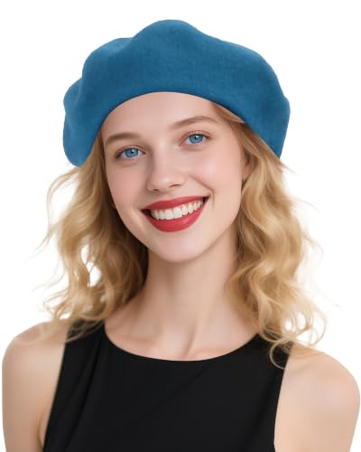 French Beret Hats for Women - Wool Solid Color Beanie Cap - color: Peacock Blue