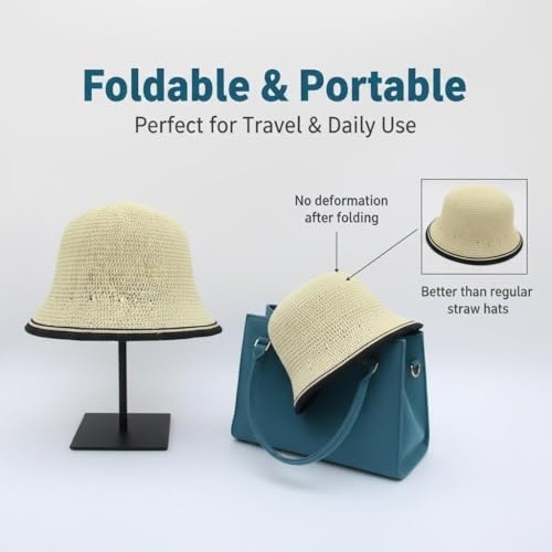 Women’s Two-Toned Sun Hat Straw Bucket Hat UPF 50+ Sun Protection Packable Adjustable Summer Holiday Beach Hat - color: Beige