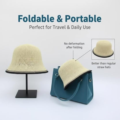 Women’s Two-Toned Sun Hat Straw Bucket Hat UPF 50+ Sun Protection Packable Adjustable Summer Holiday Beach Hat - color: Beige