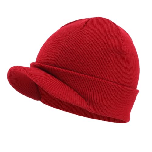 Home Prefer Men's Winter Beanie Hat with Brim Warm Double Knit Cuff Beanie Cap Watch Radar Hat - color: Red