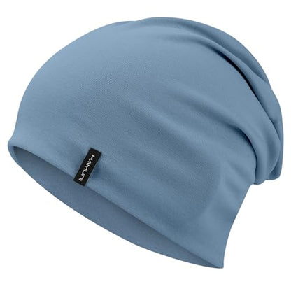 HAMUNI Slouchy Beanie for Women Men Soft Cotton Chemo Hats Double-Layer Warm Beanie Cap for Daily Wear & Transitional Seasons - color: Denim Blue