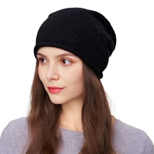 Women's Knitted Angora Wool Hat for Autumn and Winter Warm and Stylish with Rolled Brim and Slanted Rhinestones Cap - color: New-black