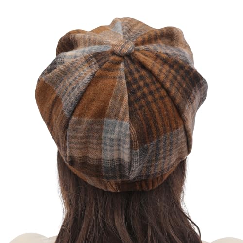 ZLYC Women Classic Newsboy Cap Visor 8 Panel Gatsby Cabbie Paperboy Hat - color: Plaid Coffee and Khaki