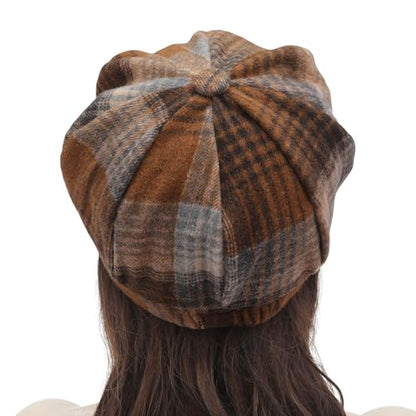 ZLYC Women Classic Newsboy Cap Visor 8 Panel Gatsby Cabbie Paperboy Hat - color: Plaid Coffee and Khaki