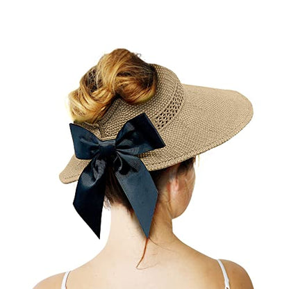 Straw Sun Visor for Women, Wide Brim UPF 50+ Protection Beach Hat, Adjustable, Roll Up Foldable Ponytail Cap with Chin Strap - color: A Beige