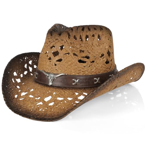 WQWOVRVO Cowboy Hat,Cowgirl Hat,Straw Cowboy Hats for Women/Men Wide with Shapeable Brim - color: Brown&caramel Color