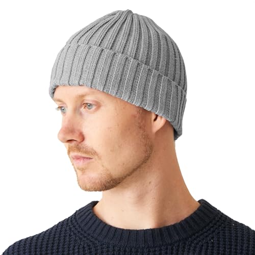 CHARM Mens Cotton Fisherman Beanie - Ribbed Trawler Knit Cap Womens Slouch Hat - color: Light Gray