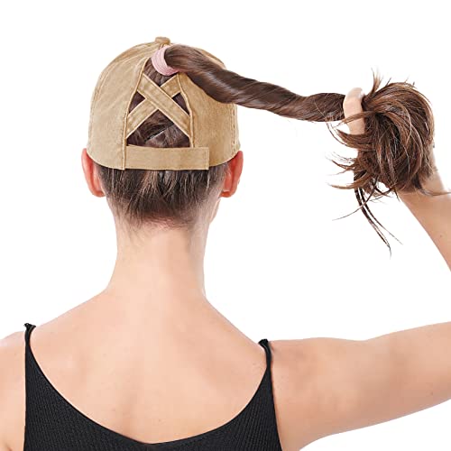 Criss Cross Ponytail Hat Women Washed Distressed Baseball Caps Adjustable High Messy Bun Ponycap - color: B - Denim Khaki