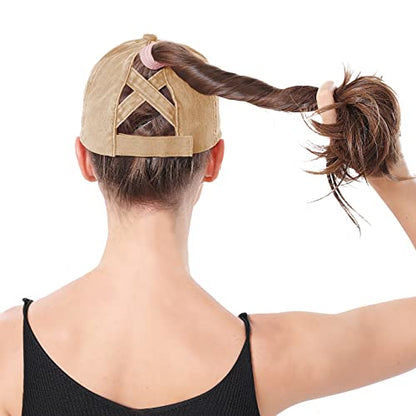 Criss Cross Ponytail Hat Women Washed Distressed Baseball Caps Adjustable High Messy Bun Ponycap - color: B - Denim Khaki