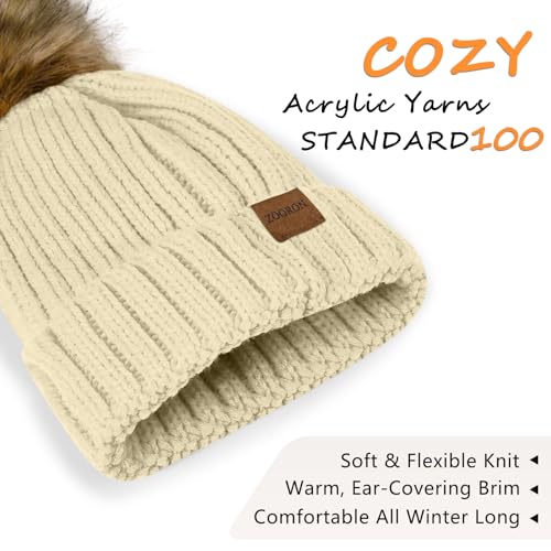 ZOORON Womens Winter Knitted Beanie Hat with Faux Fur Pom Beanie Warm Knit Skull Cap Beanie for Women - color: 1beige